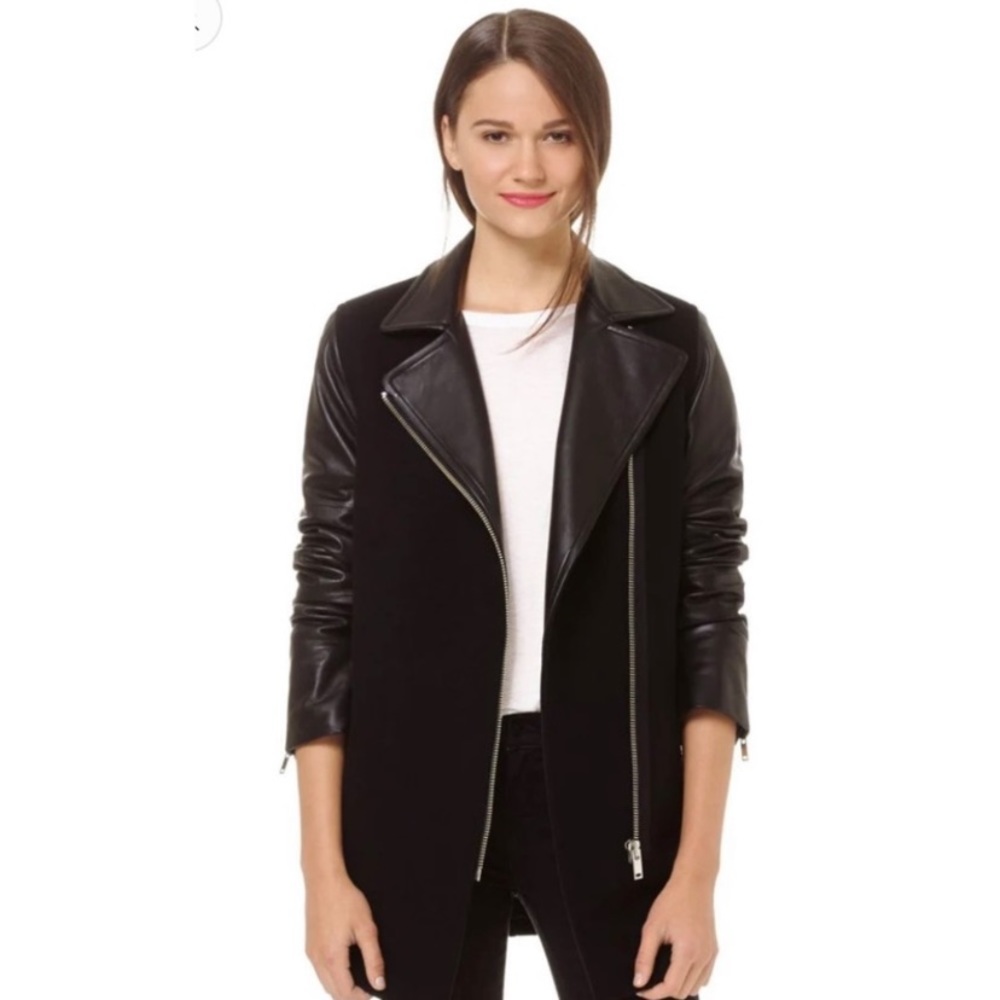 ⚫️ Wilfred Free ⚫️ FEI COAT Lambskin Leather Cashmere Wool Blend BLACK